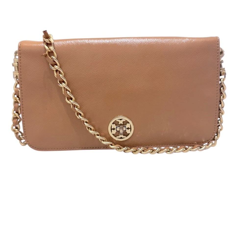 Tory Burch Sand Adalyn Clutch/Shoulder Bag in Patent Saffiano Leather Gold Chain